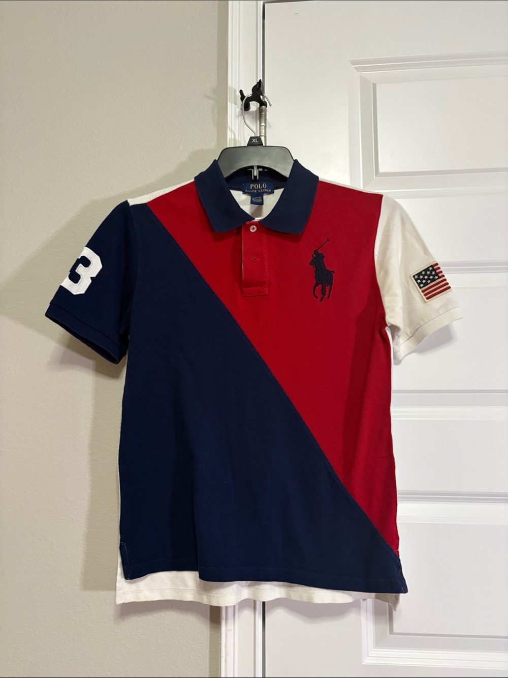 Polo by Ralph Lauren Red, Navy & White Diagonal Colorblock Polo